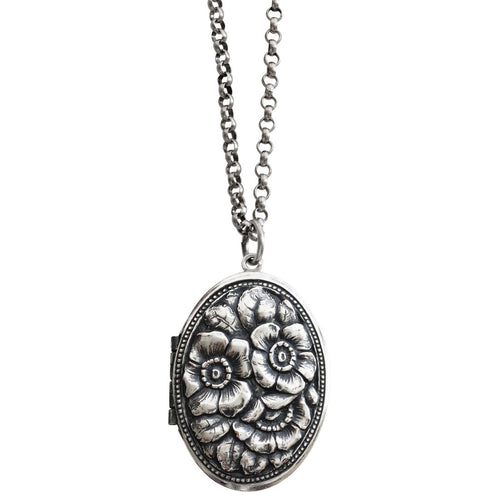 Catherine Popesco Sterling Silver Plated Locket Oval Blossoms Necklace, 18