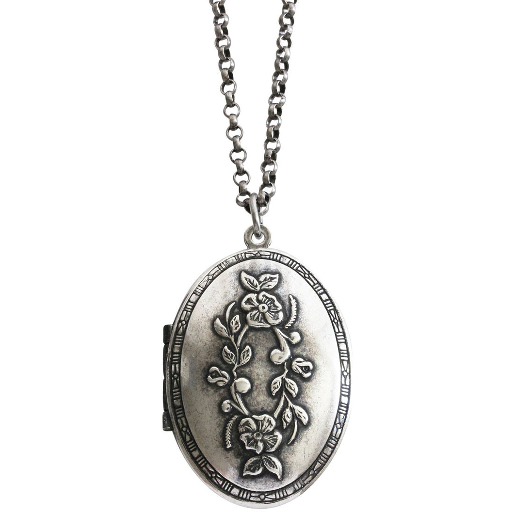 Catherine Popesco Sterling Silver Plated Locket Oval Flowers Necklace, 16