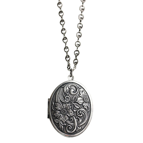 Catherine Popesco Sterling Silver Plated Locket Oval Flowers Necklace, 20