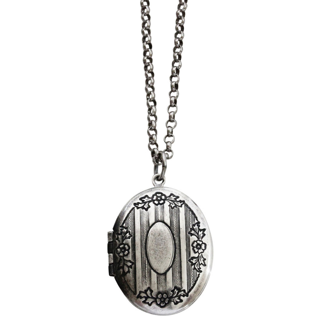 Catherine Popesco Sterling Silver Plated Locket Oval Floral Patterned Necklace, 16