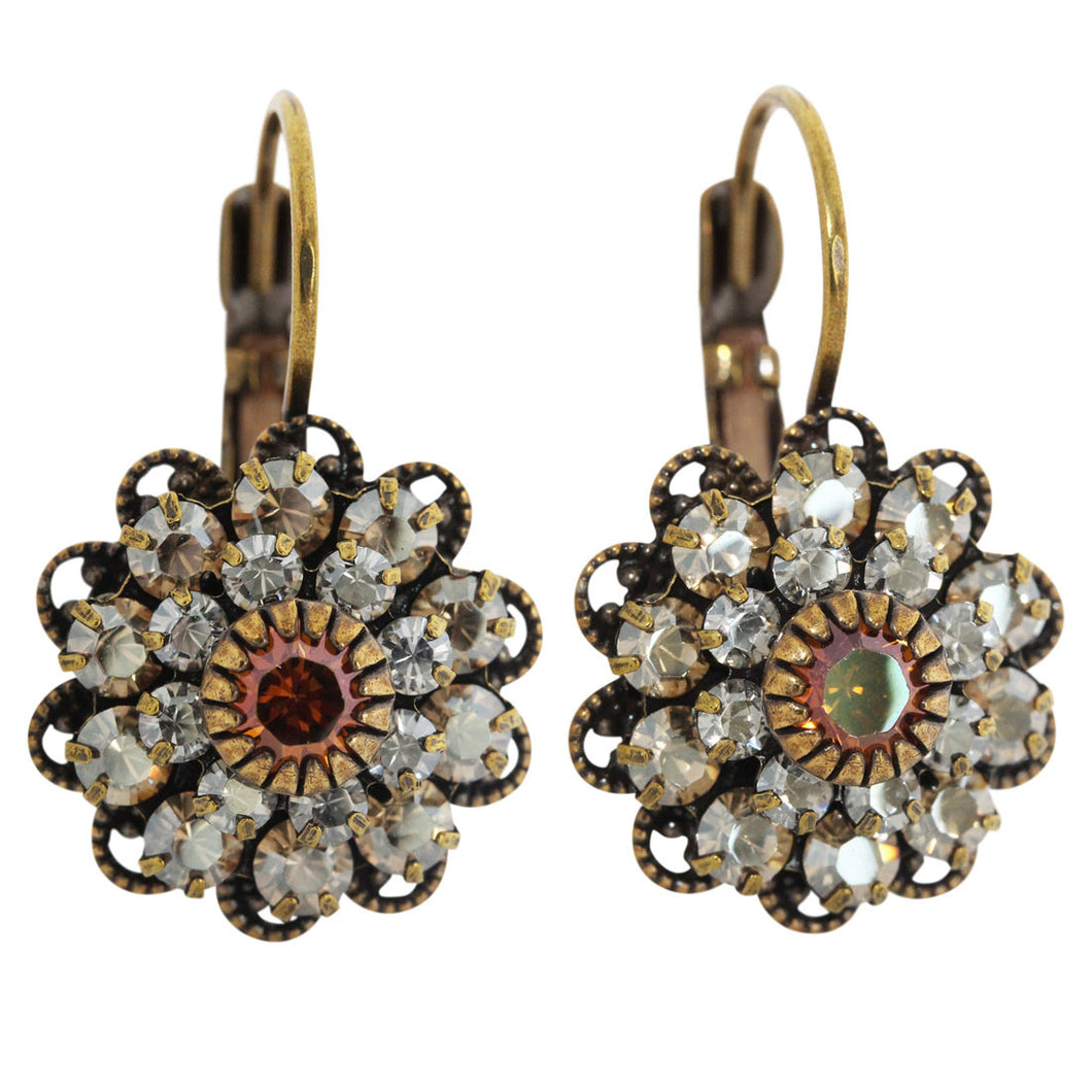 Liz Palacios Antiqued Brass Medium Flower Crystal Earrings, Neutrals Champagne Shade BDE-12