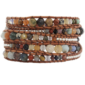 Chan Luu Graduated Multi Stone Natural Brown Leather Wrap Bracelet BS-2624