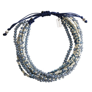 Chan Luu TREND Collection Base Metal Blue Mix Multi Strand Crystal Silver Beaded Pull Cord Bracelet BSZ-4085