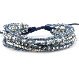 Chan Luu TREND Collection Base Metal Blue Mix Multi Strand Crystal Silver Beaded Pull Cord Bracelet BSZ-4085
