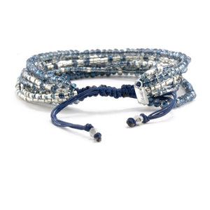 Chan Luu TREND Collection Base Metal Blue Mix Multi Strand Crystal Silver Beaded Pull Cord Bracelet BSZ-4085