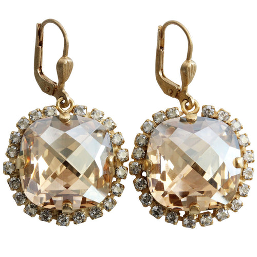 Catherine Popesco 14k Gold Plated Pillow Cut Crystal Border Large Earrings, 4295G Champagne
