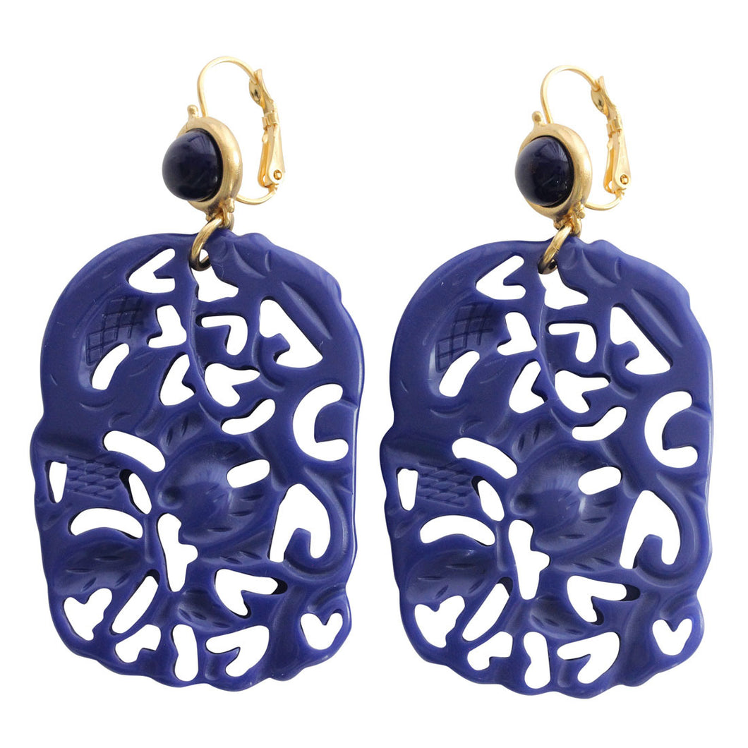 Kenneth Jay Lane Carved Statement Rectangular Faux Lapis Blue Pierced Earrings 5331ELL