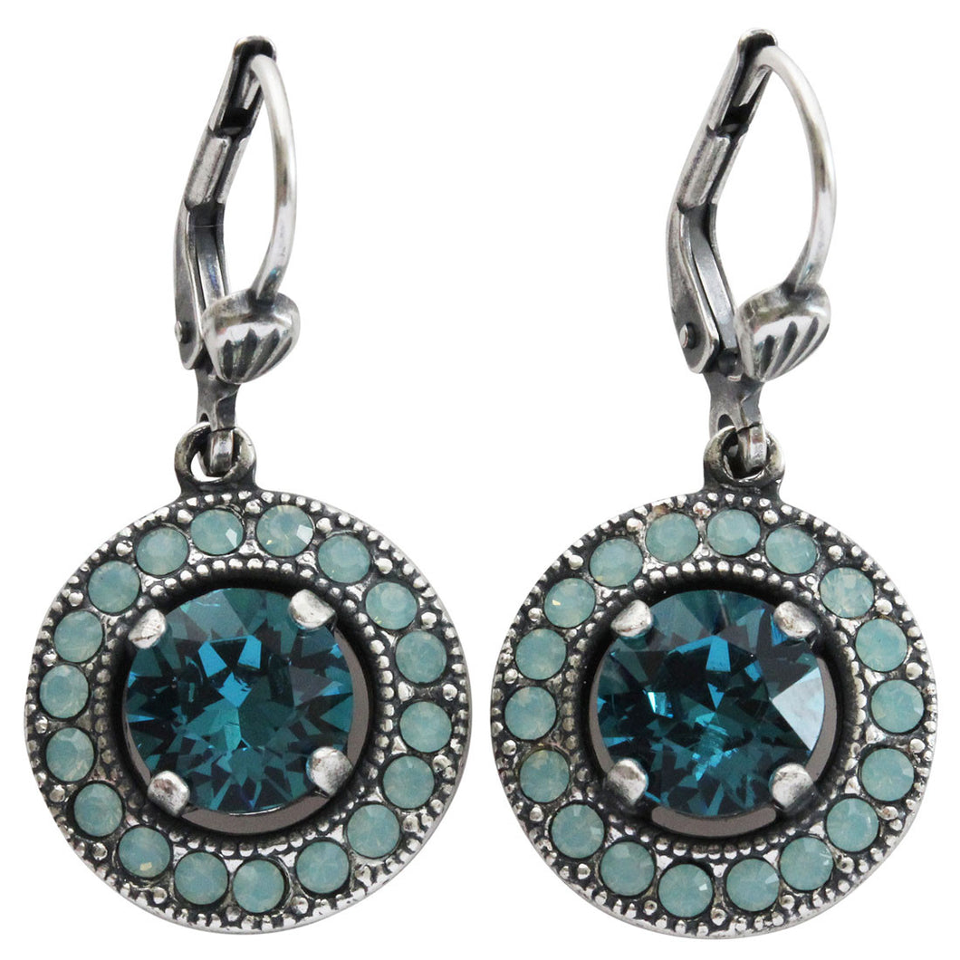 Catherine Popesco Sterling Silver Plated Round Crystal Border Earrings, 4680 Teal Pacific Blue