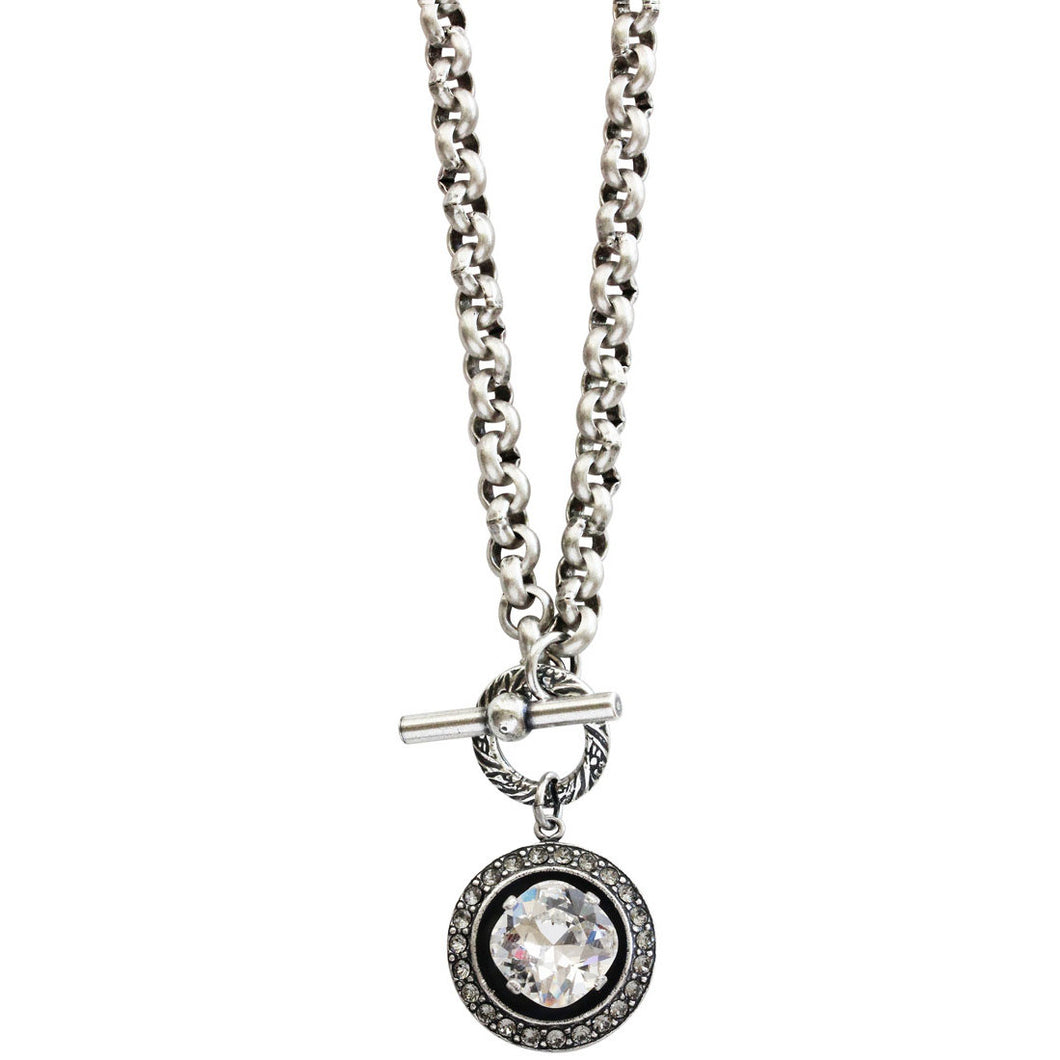 Catherine Popesco Sterling Silver Plated Round Crystal Border Pendant Necklace, 17