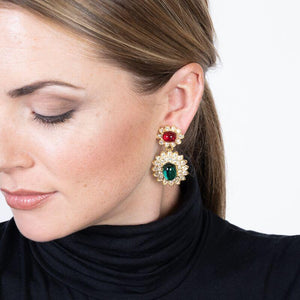 Kenneth Jay Lane Goldtone Jackie Kennedy Simulated Emerald Ruby Cabochon Crystal Rhinestone Drop Clip On Earrings 1137ERE