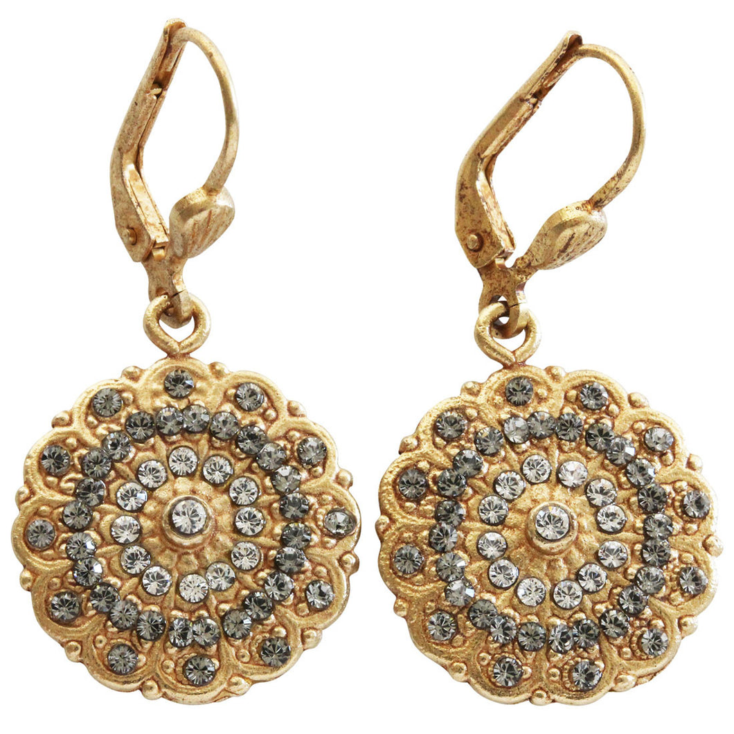 Catherine Popesco 14k Gold Plated Scalloped Ornate Medallion Crystal Earrings, 4867G Clear Gray