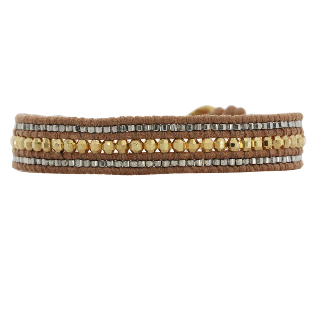 Chan Luu Gold Plated Gunmetal Beaded Single Wrap Bracelet on Natural Brown Leather bg-4873