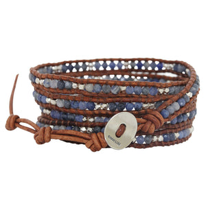 Chan Luu "Boots & Jeans" Sodalite Sterling Silver Nuggets on Natural Brown Leather Wrap Bracelet BS-2299