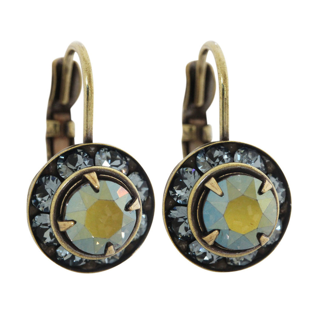 Liz Palacios Antiqued Brass Small Rondelle Swarovski Crystal Earrings, BSE-43 Dusty Blue Iridescent Green