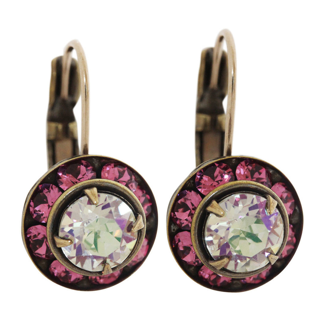 Liz Palacios Antiqued Brass Small Rondelle Swarovski Crystal Earrings, BSE-43 Fuchsia Iridescent