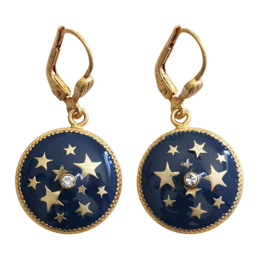 Catherine Popesco La Vie Parisienne 14k Gold Plated Stars Round Enamel Crystal Earrings, 3051G Navy Blue