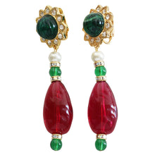 Kenneth Jay Lane Goldtone Simulated Emerald Ruby Starburst Drop Clip On Earrings 2210EER