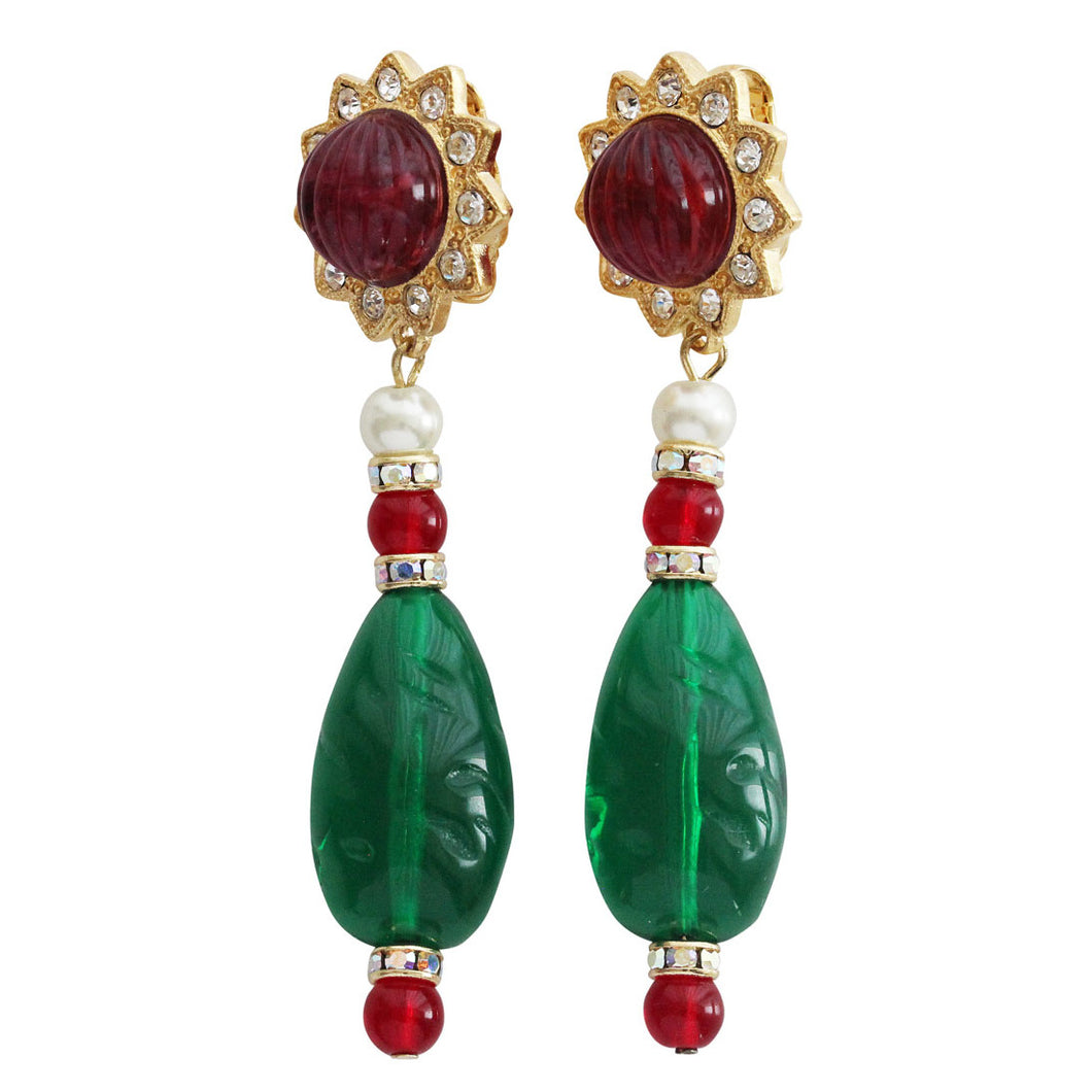 Kenneth Jay Lane Goldtone Simulated Emerald Green Ruby Red Starburst Drop Clip On Earrings 2210ERE