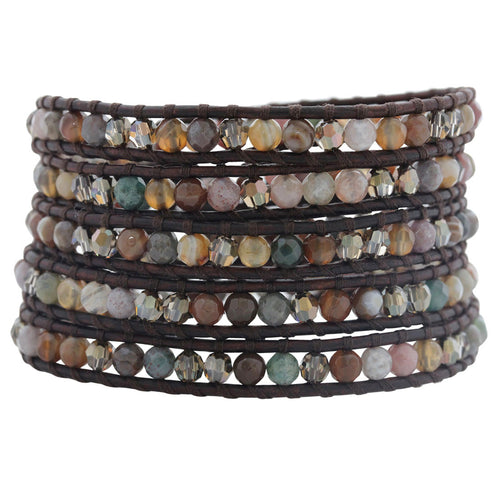 Chan Luu Fancy Jasper Mix on Natural Dark Brown Leather Wrap Bracelet BS-3644