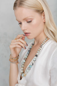 Chan Luu Matte Multi Amazonite Mix Sterling Silver Gold Plated Nuggets on Beige Leather 5 Wrap Bracelet BS-4622