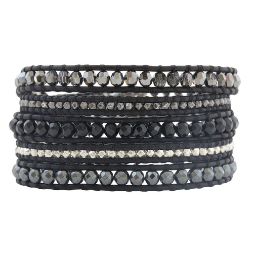 Chan Luu Black Onyx Mix Sterling Silver Gunmetal Nuggets on Black Leather Wrap Bracelet BS-4622