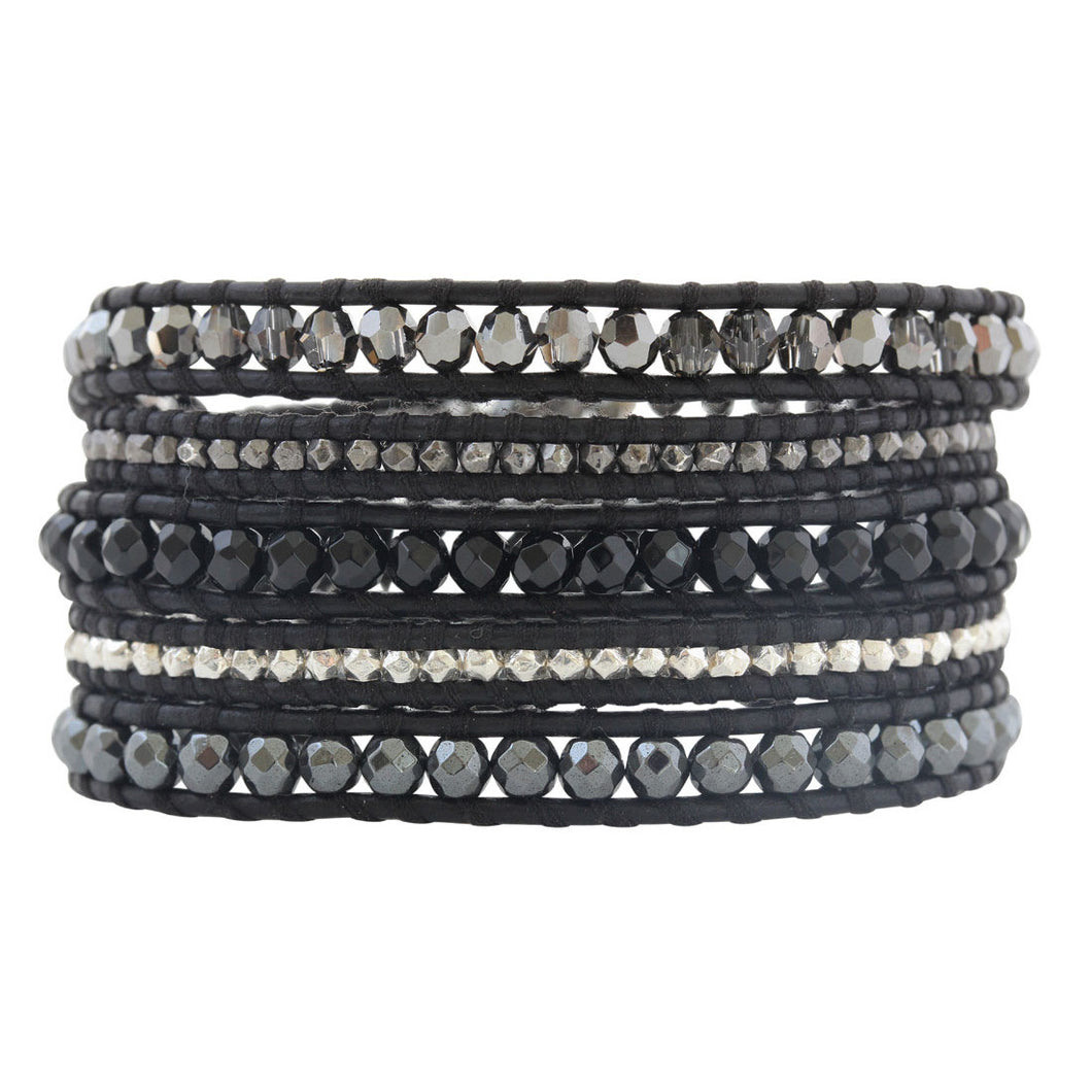 Chan Luu Black Onyx Mix Sterling Silver Gunmetal Nuggets on Black Leather Wrap Bracelet BS-4622