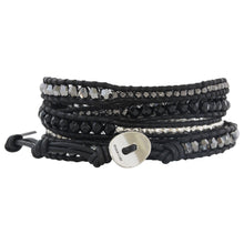 Chan Luu Black Onyx Mix Sterling Silver Gunmetal Nuggets on Black Leather Wrap Bracelet BS-4622