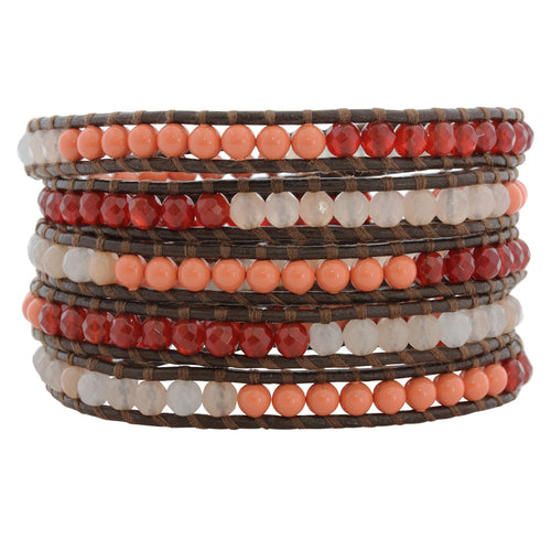 Chan Luu Coral Orange Red Mix on Brown Leather Wrap Bracelet BS-2259