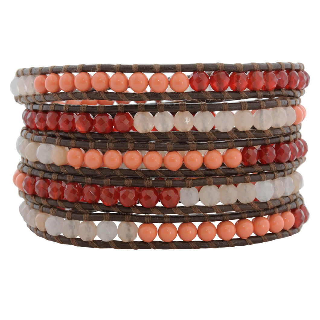 Chan Luu Coral Orange Red Mix on Brown Leather Wrap Bracelet BS-2259