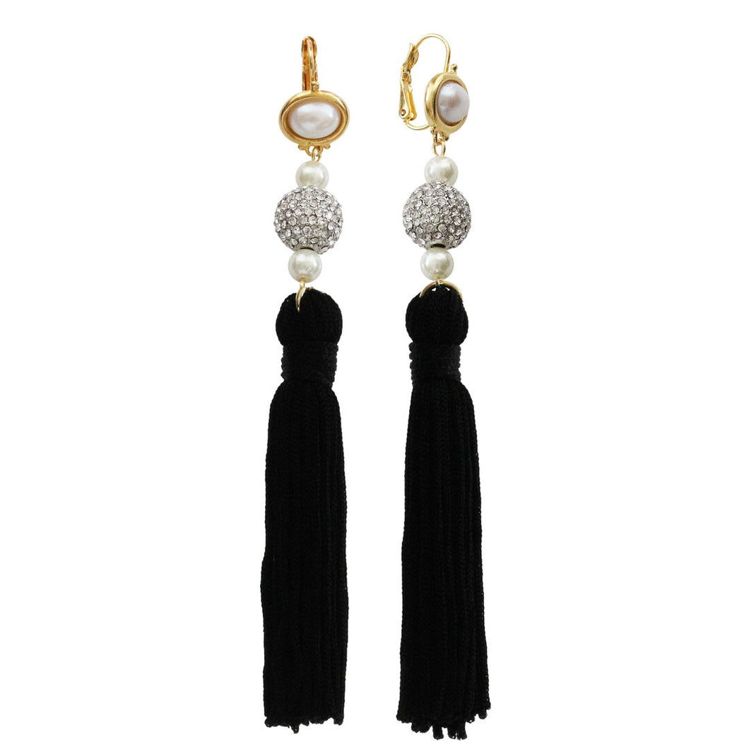 Kenneth Jay Lane Black Tassel Faux Glass Pearls Crystal Rhinestone Pierced Earrings 8821EPP