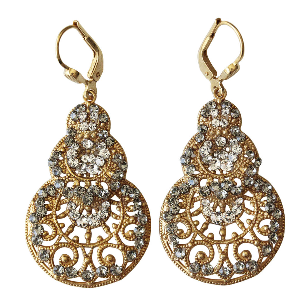 Catherine Popesco 14k Gold Plated Filigree Graduated Round Circle Chandelier Crystal Earrings, 9683G Gray