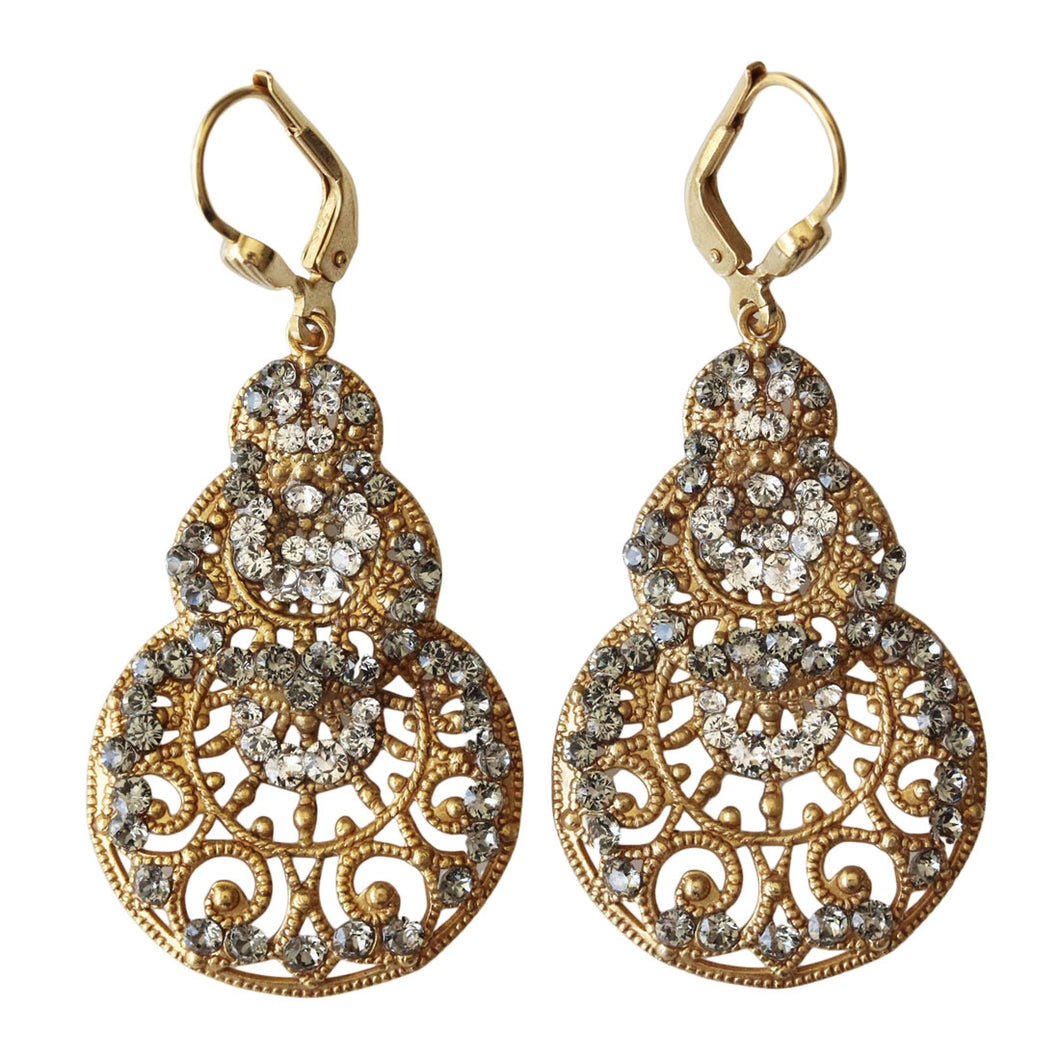 Catherine Popesco 14k Gold Plated Filigree Graduated Round Circle Chandelier Crystal Earrings, 9683G Gray