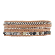 Chan Luu Matte Picasso Jasper Mix Base Metal Sterling Silver Triple Wrap Bracelet on Beige Leather BSM-1701