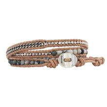 Chan Luu Matte Picasso Jasper Mix Base Metal Sterling Silver Triple Wrap Bracelet on Beige Leather BSM-1701