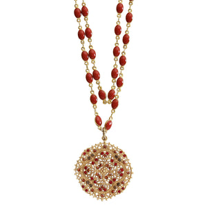 Catherine Popesco 14k Gold Plated Filigree Medallion Beaded Enamel Double Chain Crystal Necklace, 1236G Spice
