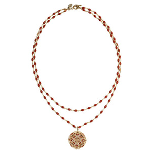 Catherine Popesco 14k Gold Plated Filigree Medallion Beaded Enamel Double Chain Crystal Necklace, 1236G Spice